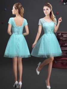 Aqua Blue A-line Tulle V-neck Short Sleeves Lace and Appliques and Belt Mini Length Lace Up Dama Dress for Quinceanera