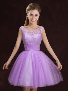 Stunning Lilac Tulle Lace Up Scoop Sleeveless Mini Length Vestidos de Damas Lace and Ruching