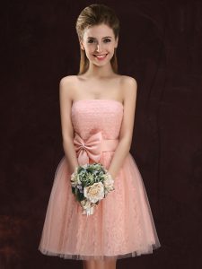 Peach Tulle and Lace Lace Up Vestidos de Damas Sleeveless Mini Length Lace and Bowknot