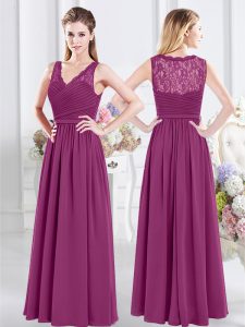 Flare Fuchsia Empire Lace and Ruching Dama Dress Side Zipper Chiffon Sleeveless Floor Length