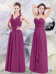 Chiffon V-neck Sleeveless Side Zipper Lace and Ruching Dama Dress for Quinceanera in Fuchsia