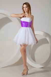Captivating White And Purple Sleeveless Mini Length Beading Zipper Dama Dress for Quinceanera