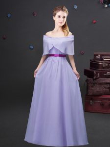 Custom Design Lavender Off The Shoulder Neckline Ruching and Belt Dama Dress for Quinceanera Half Sleeves Zipper