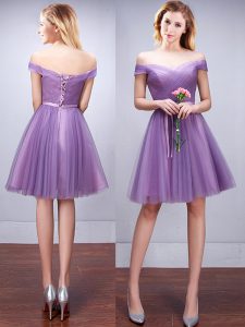 Off The Shoulder Sleeveless Quinceanera Court of Honor Dress Knee Length Ruching and Belt Lavender Tulle