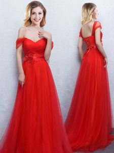 Pretty Brush Train Empire Court Dresses for Sweet 16 Red Off The Shoulder Tulle Sleeveless With Train Lace Up