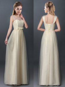 Fine Scoop Floor Length Empire Sleeveless Champagne Dama Dress Lace Up