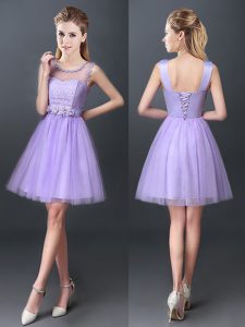 Tulle Scoop Sleeveless Lace Up Lace Quinceanera Dama Dress in Lavender