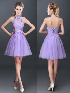 Halter Top Sleeveless Dama Dress Mini Length Lace and Appliques Lavender Tulle