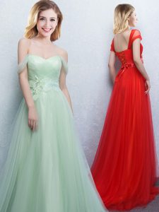 Off the Shoulder Sleeveless Tulle With Brush Train Lace Up Dama Dress in Apple Green with Appliques and Ruching