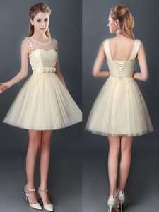 Scoop Champagne A-line Lace and Hand Made Flower Dama Dress for Quinceanera Lace Up Tulle Sleeveless Mini Length