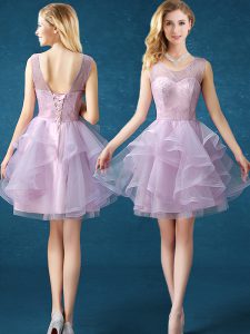 Fine Lavender Organza and Tulle Lace Up Scoop Sleeveless Knee Length Dama Dress for Quinceanera Lace