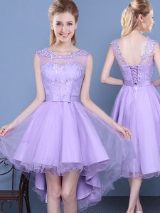 Scoop Lavender Sleeveless Mini Length Lace Lace Up Dama Dress