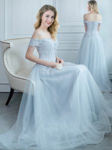 Tulle Off The Shoulder Cap Sleeves Lace Up Beading and Appliques Quinceanera Dama Dress in Light Blue