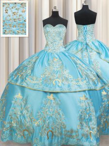 Sleeveless Taffeta Floor Length Lace Up Quince Ball Gowns in Aqua Blue with Beading and Embroidery
