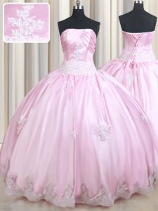 Amazing Baby Pink 15 Quinceanera Dress Military Ball and Sweet 16 and Quinceanera and For with Appliques Strapless Sleeveless Lace Up
