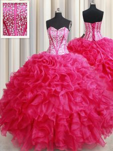 Hot Pink Lace Up 15th Birthday Dress Beading and Ruffles Sleeveless Floor Length