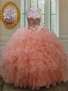 Dramatic See Through Scoop Sleeveless Organza Quinceanera Dress Beading and Ruffles Lace Up