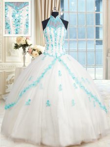 White Quinceanera Gowns Military Ball and Sweet 16 and Quinceanera and For with Beading and Appliques Halter Top Sleeveless Lace Up