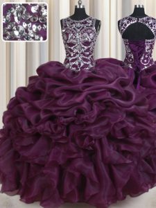 Spectacular Scoop Beading and Ruffles and Pick Ups Sweet 16 Dress Dark Purple Lace Up Sleeveless Floor Length