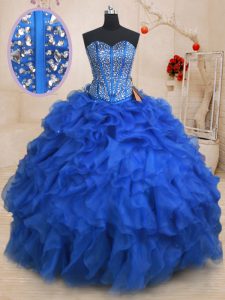Edgy Beading and Ruffles Quince Ball Gowns Royal Blue Lace Up Sleeveless Floor Length