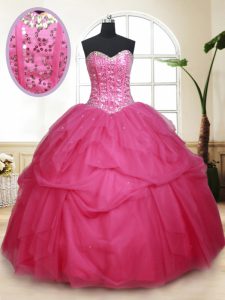 Sweet Beading and Ruffles and Sequins Sweet 16 Dresses Hot Pink Lace Up Sleeveless Floor Length