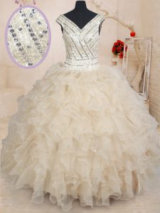 Organza V-neck Cap Sleeves Zipper Beading and Ruffles and Sequins 15th Birthday Dress in Champagne