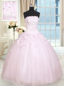 Sleeveless Tulle Floor Length Lace Up 15th Birthday Dress in Baby Pink with Beading and Appliques