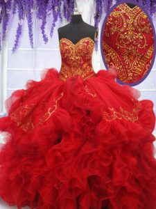 Flare With Train Red Sweet 16 Quinceanera Dress Sweetheart Sleeveless Brush Train Lace Up