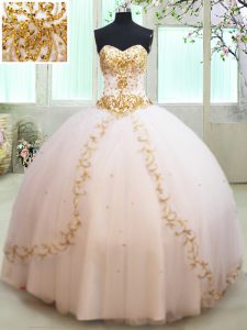 Floor Length Lace Up Quinceanera Gowns White for Military Ball and Sweet 16 and Quinceanera with Beading and Appliques