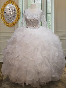 Designer See Through White Ball Gowns Scoop Long Sleeves Organza Floor Length Lace Up Beading and Ruffles Sweet 16 Quinceanera Dress