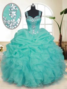 Excellent Straps Floor Length Turquoise Quinceanera Dress Organza Sleeveless Beading and Ruffles and Pick Ups