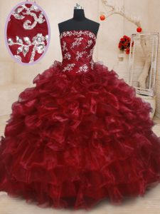 Hot Selling Strapless Sleeveless Quince Ball Gowns Floor Length Beading and Ruffles and Ruffled Layers Burgundy Organza