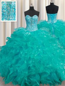 Sweetheart Sleeveless Lace Up Quinceanera Dresses Turquoise Organza
