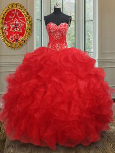 High End Red Ball Gowns Sweetheart Sleeveless Organza Floor Length Lace Up Beading and Ruffles Quinceanera Gown