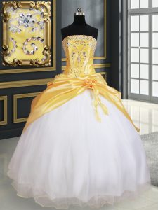 Luxury Yellow And White Ball Gowns Strapless Sleeveless Organza and Taffeta Floor Length Lace Up Beading and Pick Ups and Hand Made Flower Quinceanera Gowns
