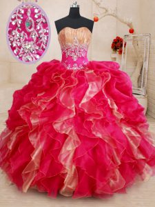 Latest Organza Sweetheart Sleeveless Lace Up Beading and Ruffles Sweet 16 Quinceanera Dress in Red