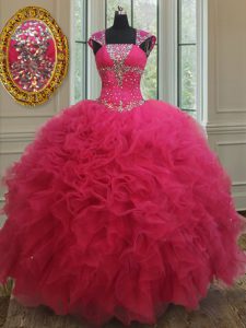 Fine Square Hot Pink Ball Gowns Beading and Ruffles Quinceanera Gowns Lace Up Tulle Cap Sleeves Floor Length