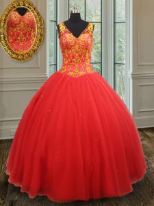 Charming Rust Red Ball Gowns Organza V-neck Sleeveless Beading and Appliques Floor Length Zipper Ball Gown Prom Dress