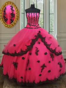 Fabulous Hot Pink Lace Up Strapless Beading and Appliques Quinceanera Gown Tulle Sleeveless