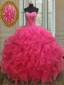 High End Floor Length Hot Pink Quinceanera Dress Organza Sleeveless Beading and Ruffles