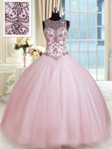 Glorious Scoop Baby Pink Lace Up Quinceanera Dress Beading Sleeveless Floor Length