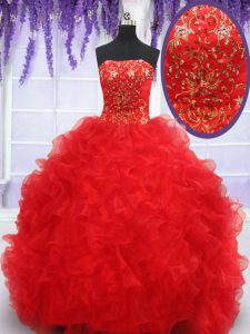 Edgy Red Sleeveless Beading and Embroidery and Ruffles Floor Length Quinceanera Court of Honor Dress