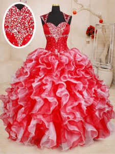 Ball Gowns 15th Birthday Dress White and Red Straps Organza Sleeveless Floor Length Lace Up