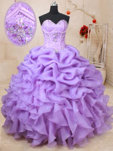 Organza Sweetheart Sleeveless Lace Up Beading and Ruffles and Pick Ups Ball Gown Prom Dress in Lavender