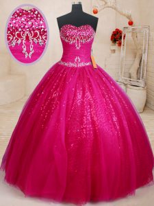 Latest Fuchsia Lace Up Sweet 16 Quinceanera Dress Beading and Sequins Sleeveless Floor Length