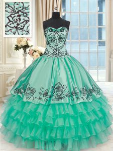 Ruffled Ball Gowns Quince Ball Gowns Turquoise Sweetheart Organza and Taffeta Sleeveless Floor Length Lace Up