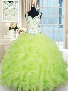 Straps Yellow Green Organza Lace Up Quince Ball Gowns Sleeveless Floor Length Beading and Ruffles