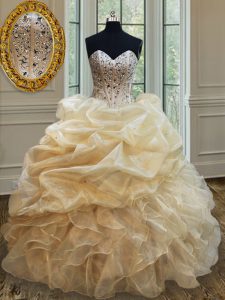 Customized Sleeveless Organza Floor Length Lace Up Quinceanera Dress in Champagne with Beading and Ruffles