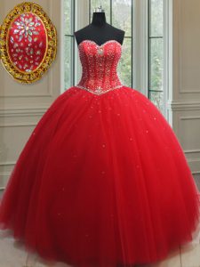 High Class Floor Length Lace Up Quinceanera Dress Red for Military Ball and Sweet 16 and Quinceanera with Beading