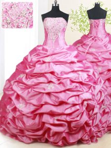 Pick Ups Strapless Sleeveless Brush Train Lace Up Quinceanera Gown Hot Pink Taffeta